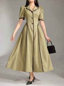 Heiryn Women's Long Solid Color Short Sleeve Contrast Trim Dress, Simple & Fashion For Summer - Olive Green - View 1