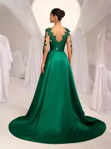 SHEIN Belle 优雅撞色网纱贴花长袖V领亮片缎面拼接高腰修身美人鱼尾夸张缝线拼接正式晚礼服、派对礼服、婚礼宾客礼服、晚宴礼服、情人节礼服 - 墨綠色 - 查看 4