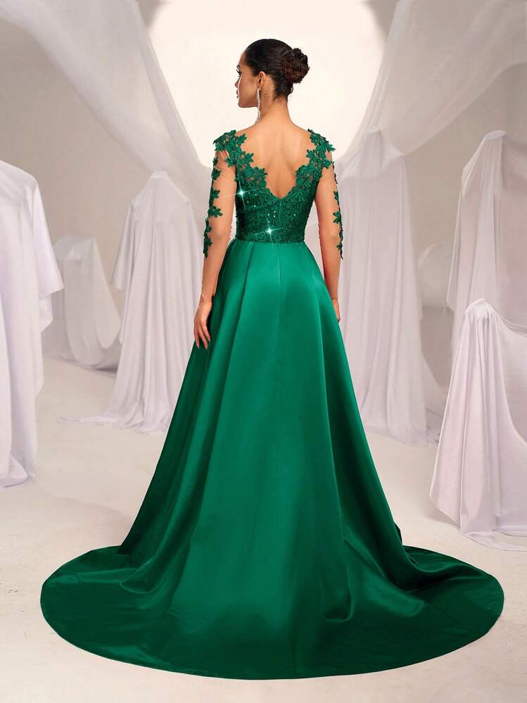 SHEIN Belle Elegante vestido de noche de satén con parches de lentejuelas, cuello en V, manga larga, aplicaciones de malla de contraste, cintura alta, silueta de sirena con costuras exageradas, ideal para eventos formales, fiestas, bodas y el Día de San Valentín - Verde Oscuro - Añade 4