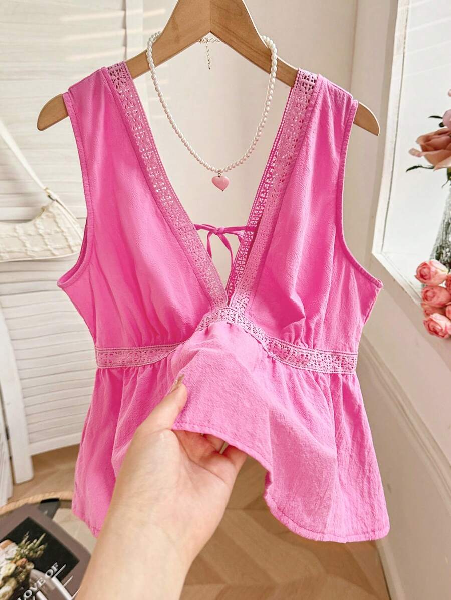INAWLY Summer New Arrival Sweet & Slim Ruffle Patchwork Deep V Neck Camisole - Pink - View 1