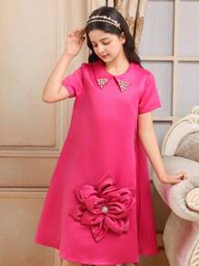 Tween Girls Casual Short Sleeve Minimalist Daily Wear Dress - Hot Pink - View 1