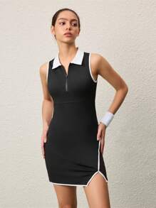 SHEIN Sports Color Block Collar Zip Front Split Hem Athletic Mini Dress With Solid High Waist Shorts For Women Athletic Dress - Black - View 4
