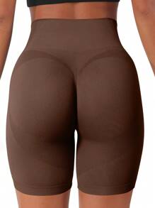 Easithlete Women's Solid Color High Waist Seamless Elastic Sports Shorts - Brown - View 7