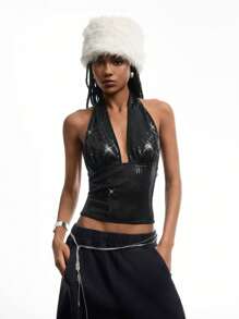 LYSMO Women's Solid Color Sequin Deep V Neck Sexy Glamorous Tank Top - Black - View 7