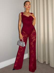 SHEIN BAE Mono elegante de encaje negro transparente y sexy para el verano, adecuado para citas diarias, salir de noche, discotecas, fiestas, reuniones, fiestas de cóctel, monos de vacaciones