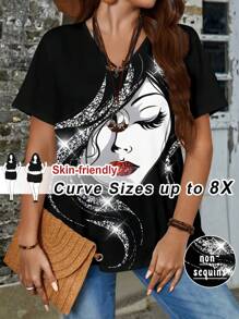 SHEIN CURVE+ Casual Minimal All-Over Print Plus Size T-Shirt - Black - View 1