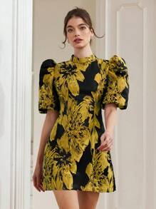 Aveloria Rosie 高端时尚撞色黑色底色和玫瑰红提花泡泡袖腰部收紧简约女式短袖迷你连衣裙波西米亚风度假时尚风格全身印花花卉印花适合夏季春秋季