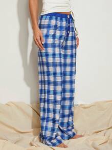 COSMINA Women's Plaid Button Design Straight Leg Loose Casual Pants - Blue and White - View 4