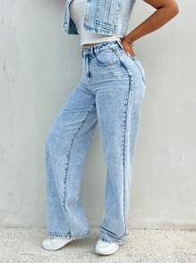 SHEIN EZwear Vaqueros rectos de denim azul de corte delgado para mujer, adecuados para fiestas, vacaciones, citas, Día de San Valentín, merienda, estilo de verano / prendas de vestir de verano, se pueden usar todo el año, para vacaciones de primavera/verano, apropiados para el verano, outfits de verano azul, prendas de vestir de vacaciones para mujer, Pascua, primavera, estilo occidental, atuendos de oficina para mujer, atuendos de rave, vestido para baby shower, cottagecore, atuendos de campo para mujer, elegante, vestidos para mujer, vestido de playa, vestido de graduación, vestido de vacaciones, vestido de Pascua, vestido de sol