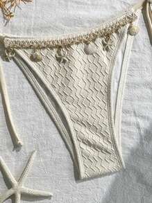 Swim Vcay 2pcs/Set Elegant Women's Knitted Bikini Set For Party, Beach, With Metallic Chain And Shell Texture, No Steel Rings, Summer - White - View 5