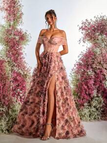 Glamrae Vestido largo de noche elegante, multicolor y romántico con estampado floral de tul, hombros descubiertos, abertura lateral alta y silueta de línea A para eventos formales, fiestas y bodas