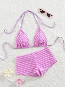 Swim Vcay 2 件套女士春假露背系带比基尼套装，夏季休闲派对沙滩泳装 - 淡紫色 - 查看 2