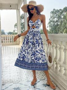 SHEIN VCAY Women Floral Print Spaghetti Strap Long Dress - Blue and White - View 4