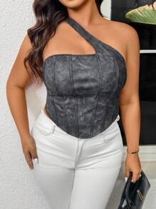 SHEIN Privé Plus Size Women Summer Elegant Comfortable Casual Holiday Patterned PU Sleeveless Blouse