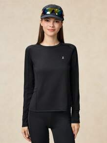 OutZeal 防晒 UPF50+ 凉爽防晒圆领口袋长袖 T 恤女式健身上衣 - 黑色 - 查看 9