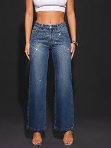 Denimoi Fashionable Date Night Rhinestone Ombre Skinny Low Rise Jeans - Medium Wash - View 3