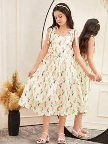 SHEIN Leap Crew Tween Girl Elegant Bowknot Decor Camisole & Skirt 2pcs Set - Apricot - View 6