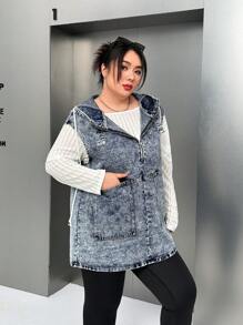 SHEIN EZwear Chaleco de mezclilla holgado con bolsillo grande y capucha con cordón, adecuado para uso diario