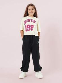 SUMWON Camiseta corta de estilo varsity, moda universitaria, deportiva, nueva Jersey de Nueva York, casual para jóvenes y adolescentes, para primavera y verano, estampado gráfico de ropa urbana - Albaricoque - Ver 4