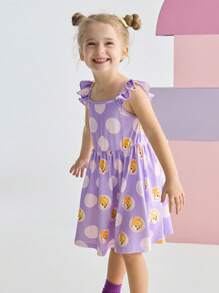 LOONEY TUNES X SHEIN 年轻男孩可爱兔子和波尔卡圆点印花盖袖连衣裙 - 紫色 - 查看 4