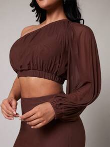 Silquee Chocolate Shirt For Spring And Summer, Brown Asymmetrical Blouse, Short Shirt For Vacation, Vacation Shirt, Seaside, Beach, Seaside Vacation, Daily Wear, Casual Shirt Pool Party, Holiday, Natural Party, Cabin Vacation, Soft And Suitable For Commuting, Daily Vacation Wear, Suitable For Spring Vacation, Seaside Vacation Women's Shirt, Double-Layer Fabric Non-See-Through Pleated Design Shirt, One-Shoulder Shirt,Elegant Tops,Cute Summer Tops - Chocolate Brown - View 3