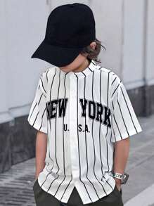 SHEIN 青少年男孩休闲条纹字母印花短袖衬衫