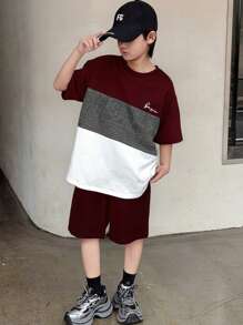 SHEIN Boys Letter Graphic Colourblock Tee and Track Shorts Set - Maroon - View 5