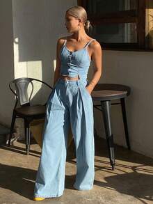 DAZY Traje casual de mezclilla vintage lavado para mujer, estilo coreano de verano para talla pequeña - Azul - Ver 5