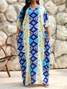 Fleurora   Spring And Summer Autumn And Winter Elegant Navy Blue Woven Notched Kaftan Dress Plus Size Dresses Summer Dresses For Women Vacation Outfits Woman Beach Outfits For Woman - Blue - View 7