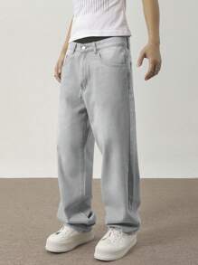 Chillumni Men Slant Pocket Wide Leg Jeans Simple Fashion - Grey - View 6