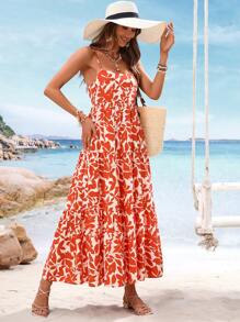 SHEIN VCAY 女士编织细肩带连衣裙，简约时尚，适合夏季 - 橘色 - 查看 5