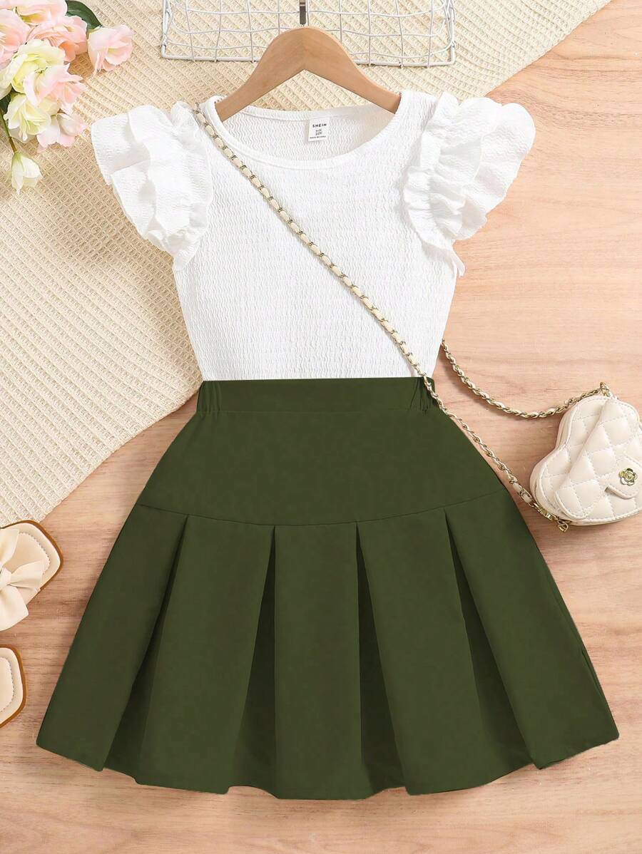 SHEIN Tween Girls Texture Top & Ruffle Hem Pleated Skirt 2 Pieces Set - Army Green - View 1