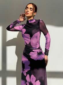 Aloruh 全新红色扎染花卉印花网眼长袖修身派对礼服，适合节日季 - 彩色 - 查看 5