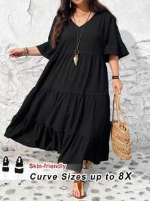 SHEIN CURVE+ Váy dài màu vàng cổ chữ V sâu tay bèo nhún cỡ lớn cho nữ trong kỳ nghỉ Boho mùa hè - màu đen - Xem 1