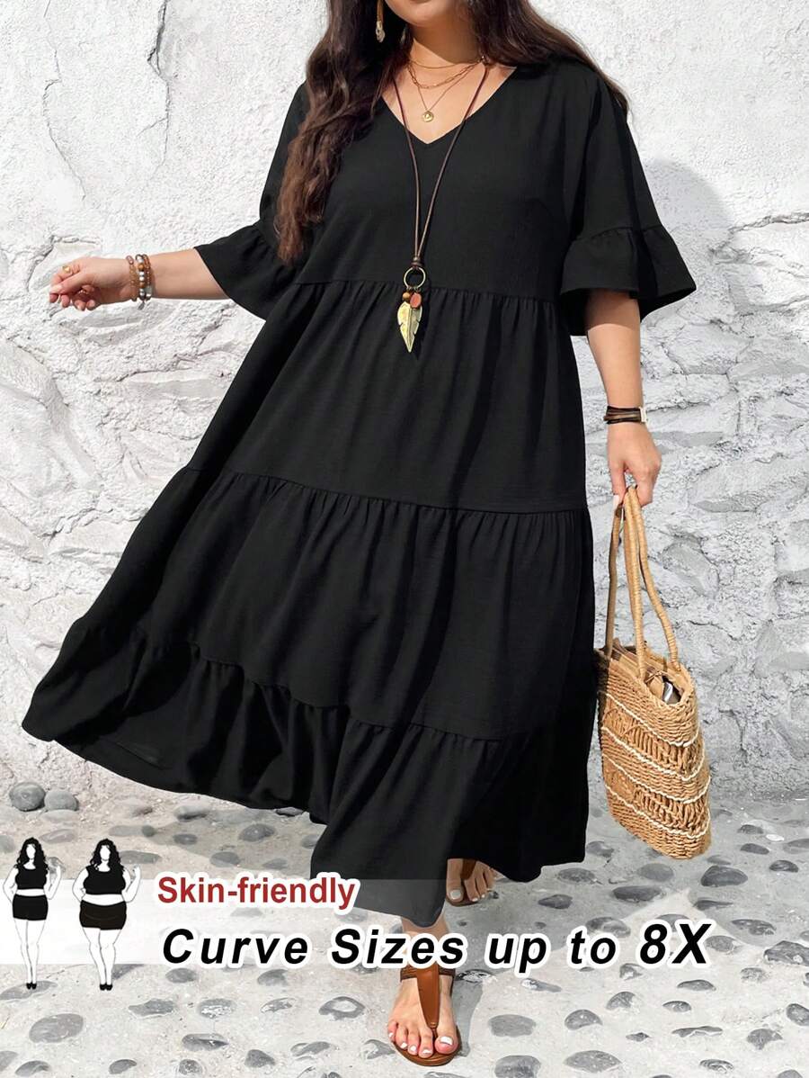 SHEIN CURVE+ Váy dài màu vàng cổ chữ V sâu tay bèo nhún cỡ lớn cho nữ trong kỳ nghỉ Boho mùa hè - màu đen - Xem 1
