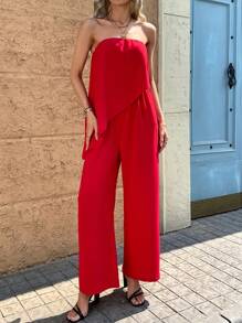 SHEIN Clasi 女士纯色不对称下摆时尚假日阔腿连体裤