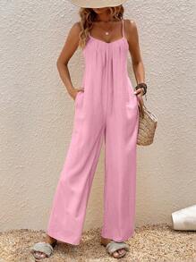 Breezaya Women's Fashionable Solid V-Neck Pleated Loose Strap Jumpsuit - Baby Pink - View 3