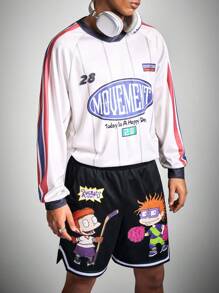 Nick 90s X SHEIN Heren Casual Losse Gebreide Cartoon Figuur Grafische Zwarte Shorts, Voor Basketbal