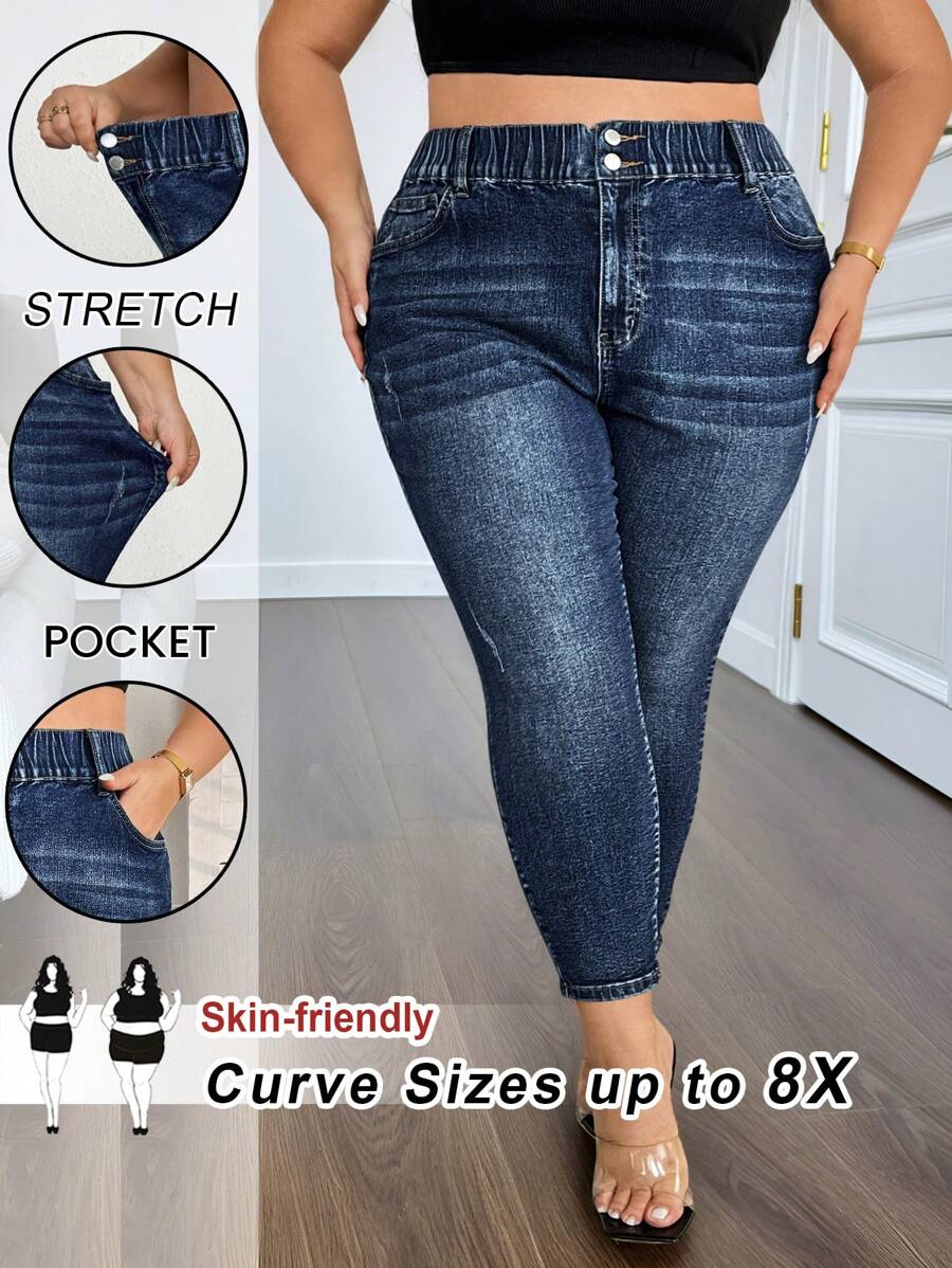 SHEIN CURVE+ Plus Size Women's Elastic Waist Design Washed Tight Denim Pants - Dark Wash - View 1