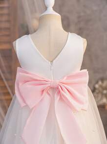 SHEIN Leap Crew Young Girl Solid Color Round Neck Sleeveless Mesh Bow Decor A-Line Dress