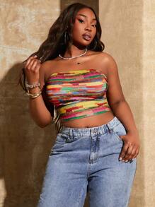 SHEIN Tall CURVE 大码女式休闲和节日毛绒图案印花修身抹胸，适合日常穿着、音乐节、音乐会、狂欢派对、海滩度假、约会之夜、生日、单身派对服装、俱乐部、可爱、休闲、购物、街头服饰、外出、风骚、易于搭配且看起来苗条，凸显身材，修饰身材