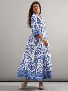Freevana Plus Size Women's Blue And White Porcelain Print Dress Floral Print V Neck Trumpet Sleeve Maxi Dress, Vacation/Women's Dress/Women's Summer Clothing/Women's Vacation Clothing Women's Summer Clothing Elegant Vacation Clothing Women's/Bohemian Women's Clothing/Cress Long Vacation Dress, Maxi Dress Outdoor Daily Wear Essential Sundress Women's Vacation Clothing Women's Bohemian/Bohemian Dress