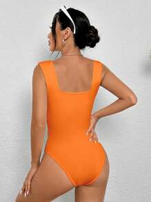 SHEIN PETITE Áo liền quần cổ tròn màu đen - trái cam - Xem 2