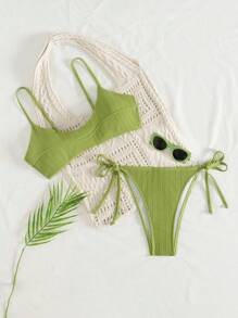 Swim Mod Damen Unifarben Bikini-Set mit Trägern und Hose, einfach und stilvoll für den Alltag Outfit, Badeanzug für Sommerurlaub am Strand - Senfgelb - Übersicht 1
