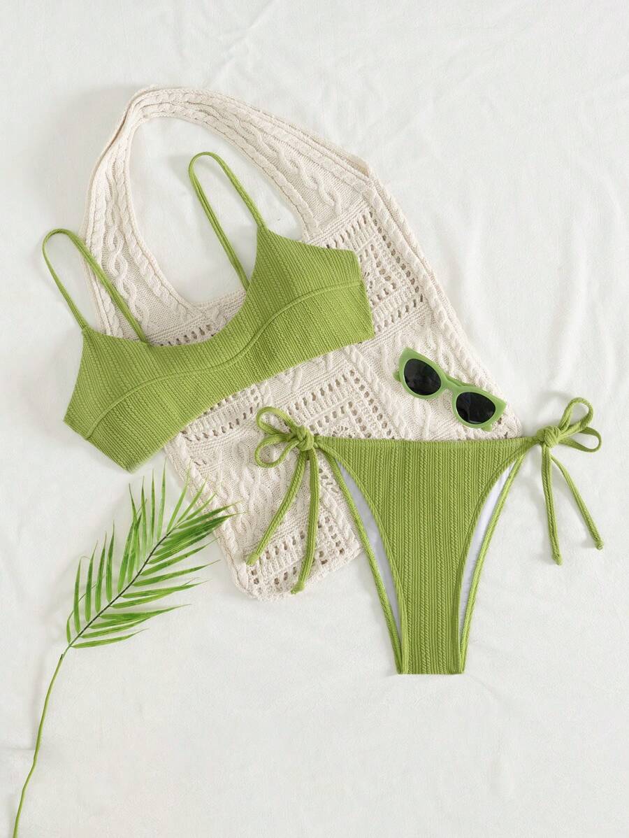Swim Mod Damen Unifarben Bikini-Set mit Trägern und Hose, einfach und stilvoll für den Alltag Outfit, Badeanzug für Sommerurlaub am Strand - Senfgelb - Übersicht 1