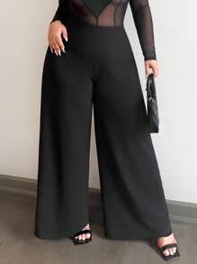 SHEIN SXY Plus Size Women High Waist Wide Leg Elastic Waist Snug Pants, Suitable For Fall & Winter, Sexy Office Siren Coquettish, Commuting, Business, Date Night, Birthday, Bachelorette Party, Cute, Casual, Shopping, Streetwear, Going Out, Easy To Match & Looks Slim, Accent Your Body, Flatter The Figure, Tummy Control