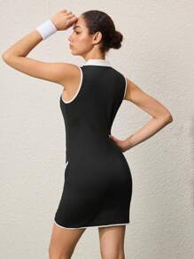SHEIN Sports Color Block Collar Zip Front Split Hem Athletic Mini Dress With Solid High Waist Shorts For Women Athletic Dress - Black - View 2