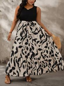 SHEIN CURVE+ Plus Size Resort Style Top, Printed Fabric Patchwork With Flared Design