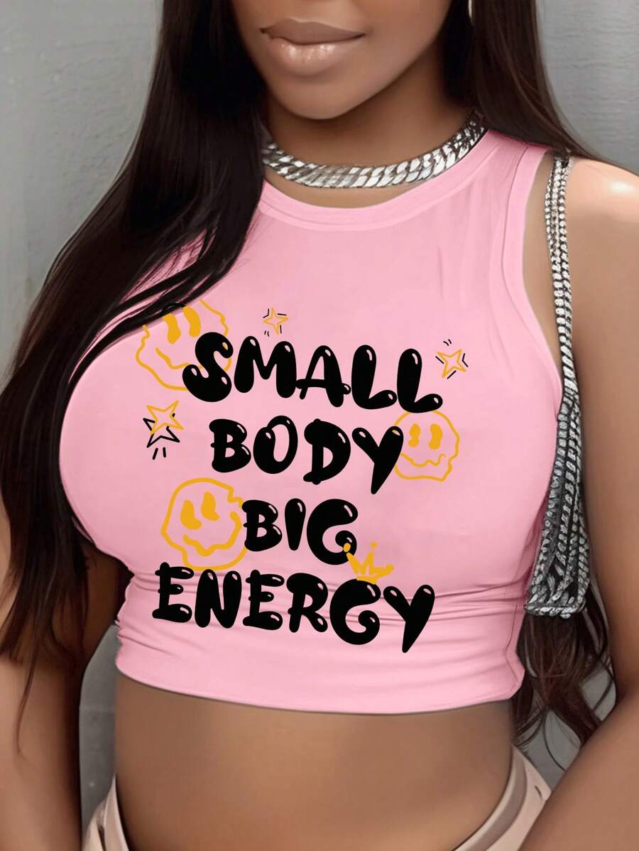 Slaydiva 女式小码休闲笑脸图案无袖圆领背心，夏季 - 粉色 - 查看 1