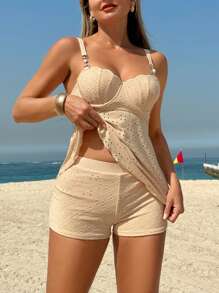 Swim Lushoire 女士珍珠带衬垫贝壳杯短款吊带比基尼套装，淡黄色特殊面料